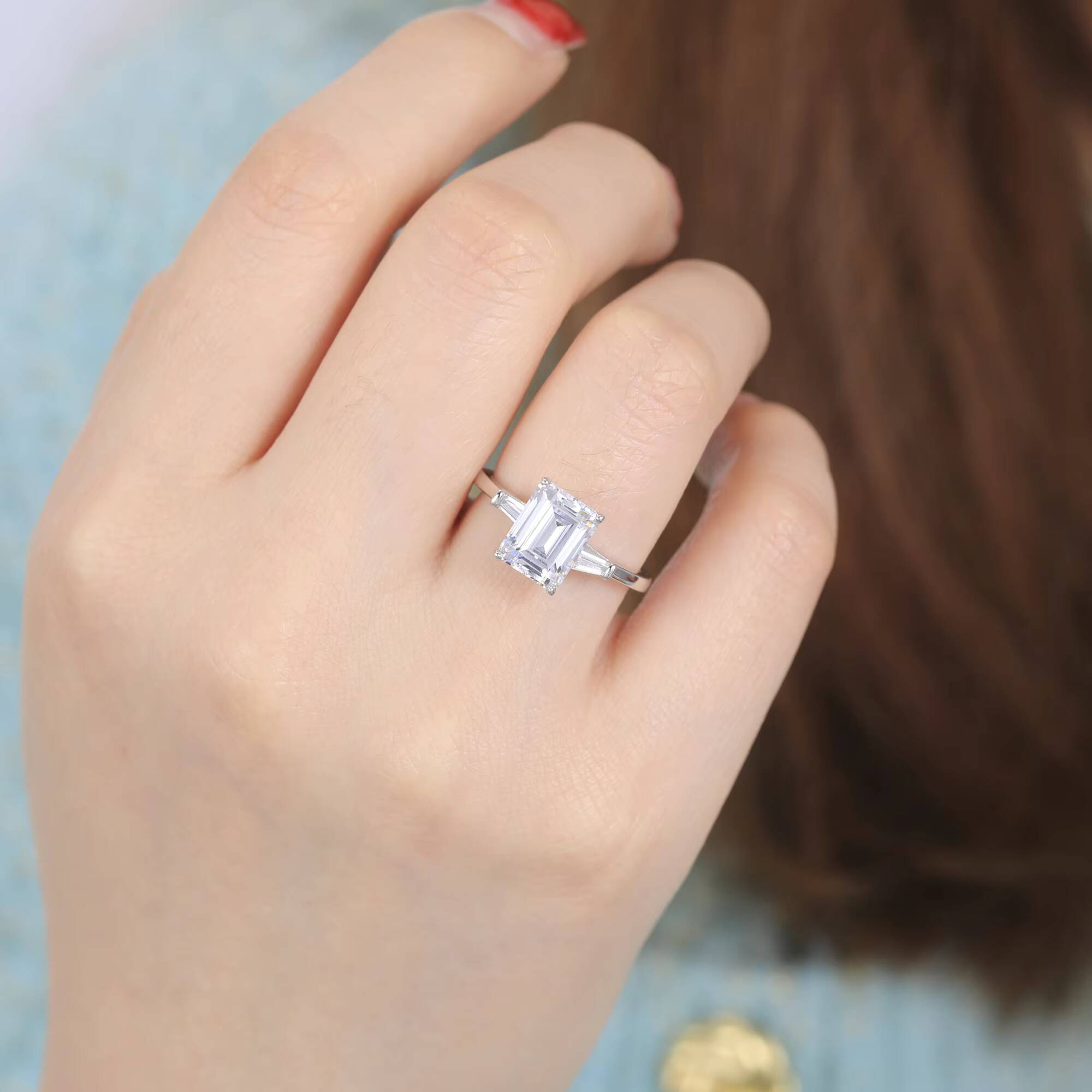 OAHLAN 3CT 925 Sterling Silver Classic Geometric 3-Stone Emerald Cut Moissanite Engagement Rings Promise Wedding Bands Women Party - view 7