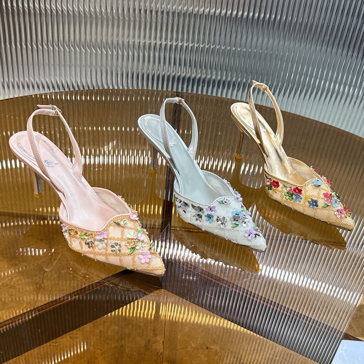 Designer Sandals Women Luxury Dress Shoes Slingback Heels Designer FLORA GOLDSLINGBACK Colorful butterfly flower rhinestone satin mid heel fashionable sandals
