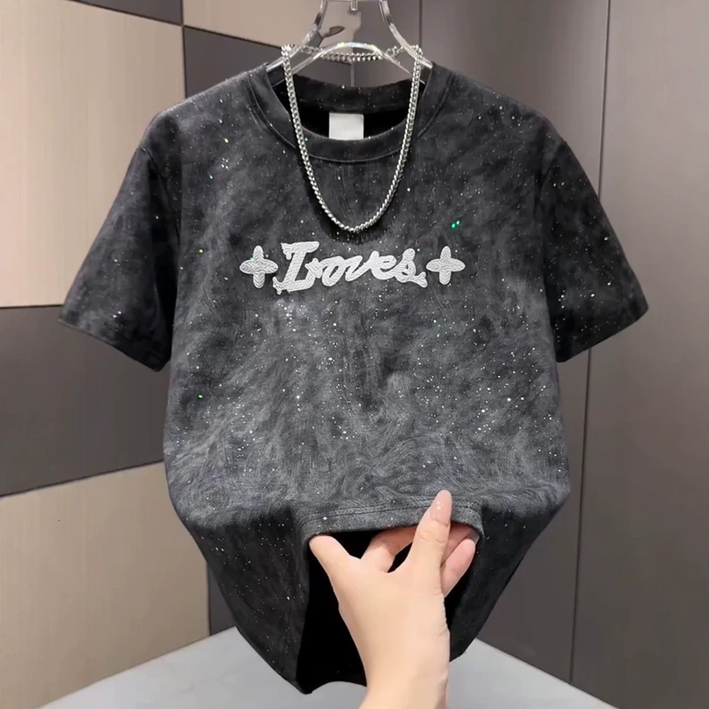 Designer Mens Premium Letter Embroidered Sequin Luxury Tshirt Summer Loose Brand Fashion Streetwear Trendy All Match Versatile Casual Soft Crew Neck T