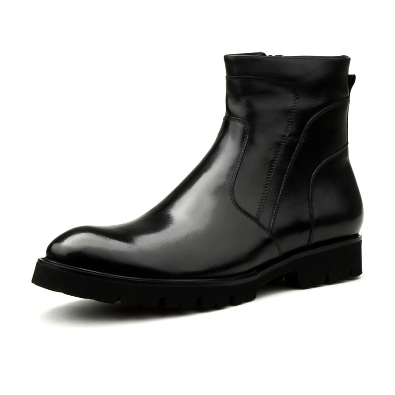 Men Glossy Genuine Leather Chelsea Ankle Boots Side Zipper Pointed Toe Thick Platform Sole Formal Business Dress Boots Male Wedding Party Leather Boot - view 4