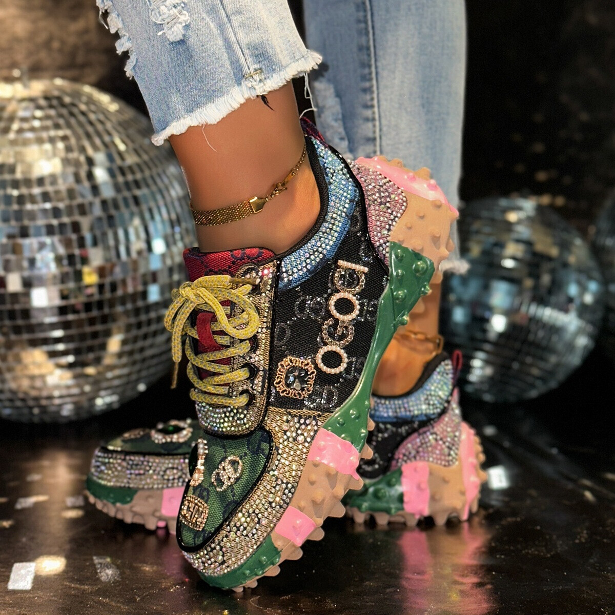Hot selling Letter rhinestones Fashion Sports Durian Matcake sole Mesh Single Shoes Women's ddmythur
