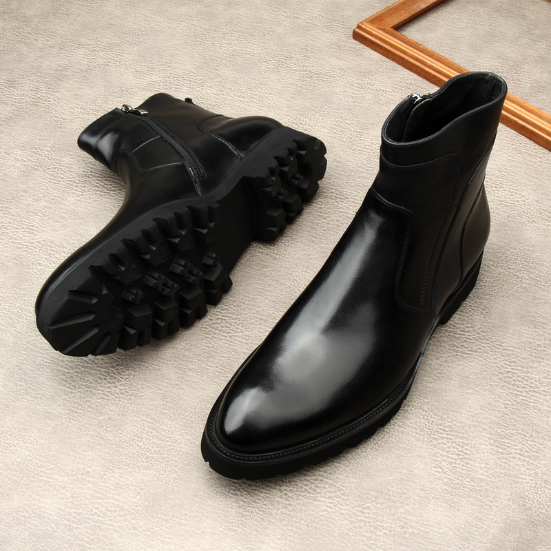 Men Glossy Genuine Leather Chelsea Ankle Boots Side Zipper Pointed Toe Thick Platform Sole Formal Business Dress Boots Male Wedding Party Leather Boot - view 7