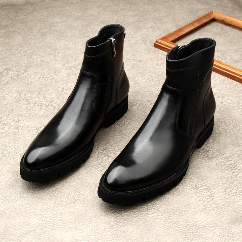 Men Glossy Genuine Leather Chelsea Ankle Boots Side Zipper Pointed Toe Thick Platform Sole Formal Business Dress Boots Male Wedding Party Leather Boot - view 5