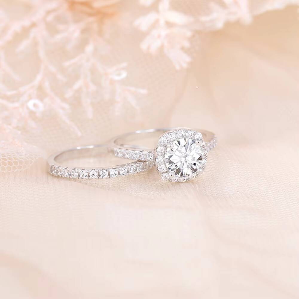 OAHLAN Rhodium 925 Sterling Silver Bridal Engagement Rings Set 15CT Cut Moissanite Halo Moissanite Wedding Womens Fashion Jewelry - view 6