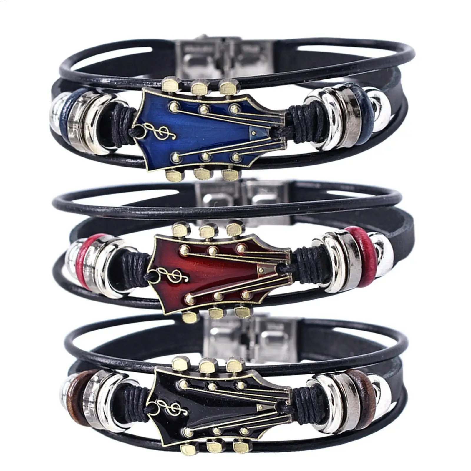 Retro Faux Leather Guitar Bracelet Punk Rock Music Guitar Genuine Leather Bracelet Handmade Braided Multi-Layer Wrap Bracelet 260623 - view 6