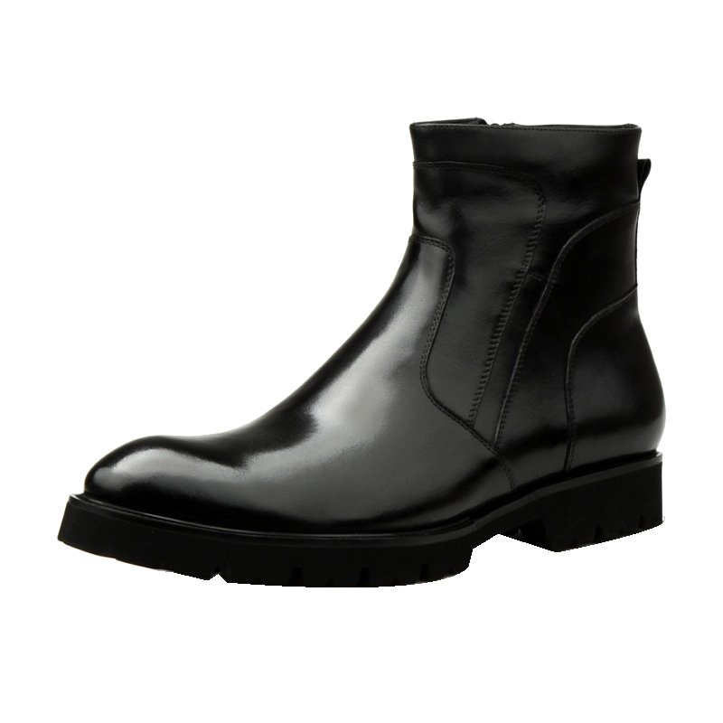 Men Glossy Genuine Leather Chelsea Ankle Boots Side Zipper Pointed Toe Thick Platform Sole Formal Business Dress Boots Male Wedding Party Leather Boot - view 6