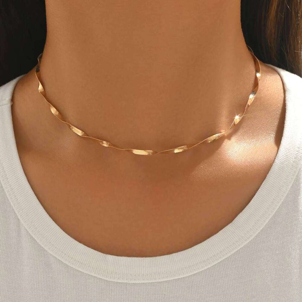 Herringbone Women Men Dainty Twisted Snake Choker Flat Link Chain Necklace For Daily Wear Party Jewelry