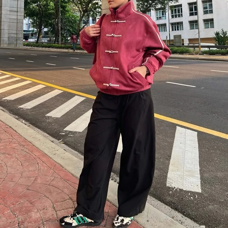 Womens Chinese Frog Buttondown Loose Fit Jacket Y2k Vintage Zip Up Sweatshirt Funnel Neck Bomber Preppy Streetwear 260723 - view 3