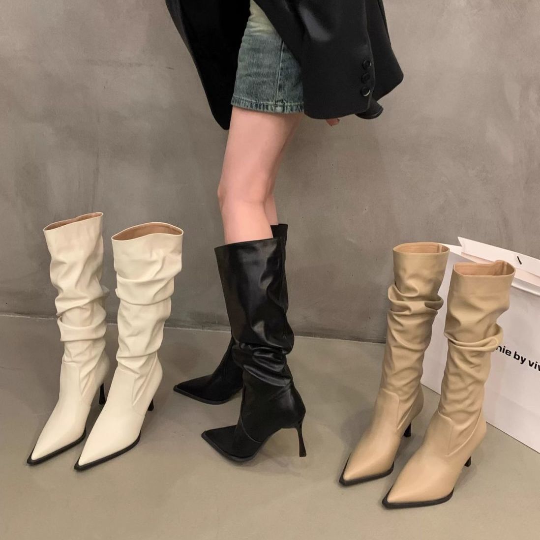 Slouch Fold Shaft Pointed Toe Stiletto Mid Knee Boots Women Soft Faux Leather Daily Party Tall Boots - view 4