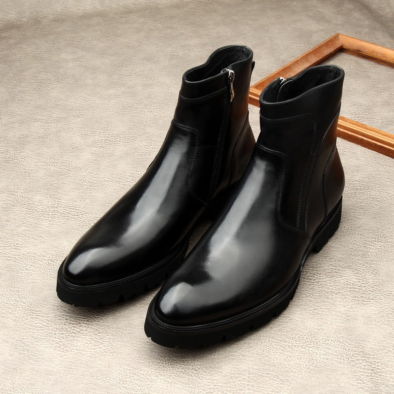 Men Glossy Genuine Leather Chelsea Ankle Boots Side Zipper Pointed Toe Thick Platform Sole Formal Business Dress Boots Male Wedding Party Leather Boot - view 9