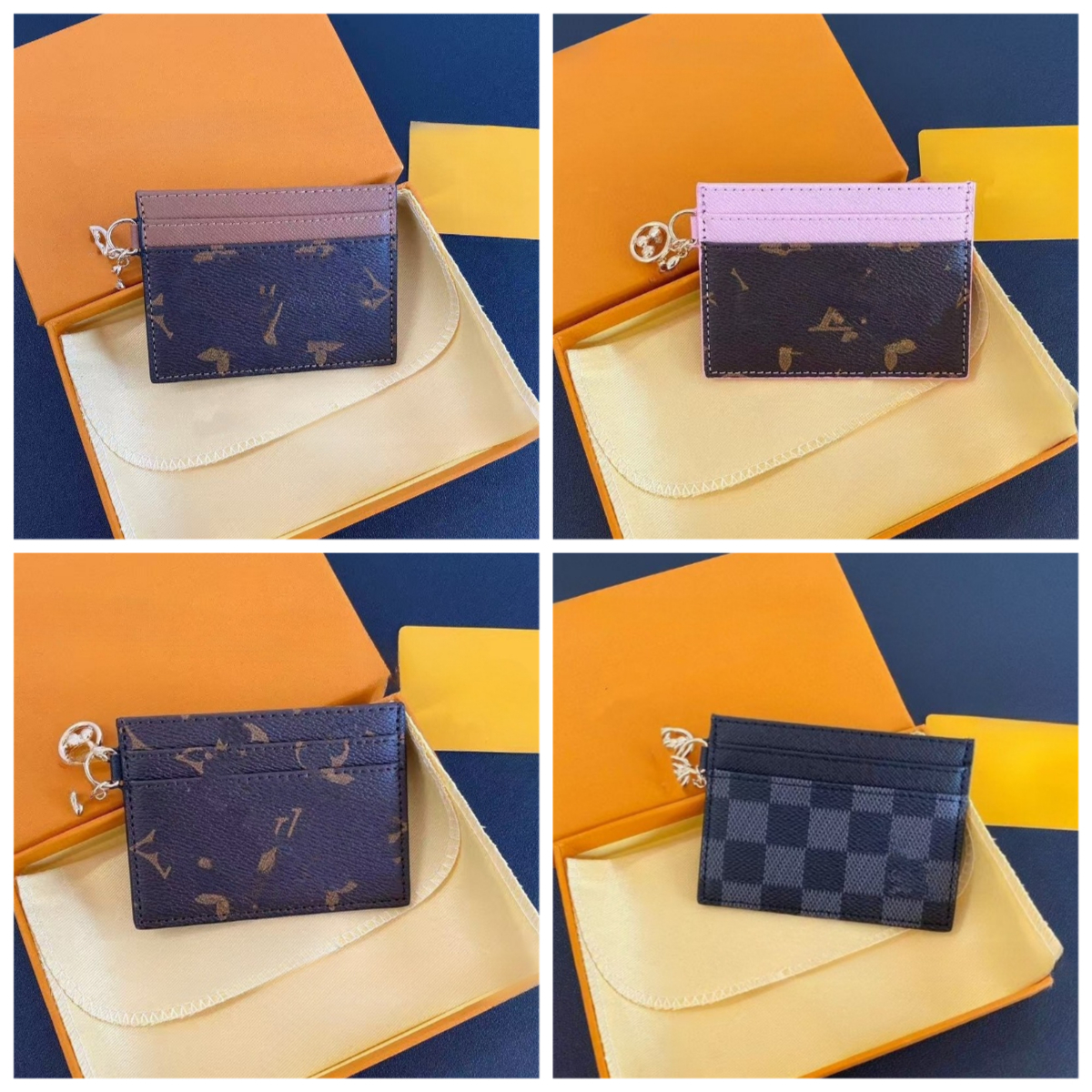 Luxury Designer Mini Card Holder with Keychain Printed Leather Bag Charm Multi Color Checkerboard Pattern Credit Card Purse for Men Women Daily Carry Gift