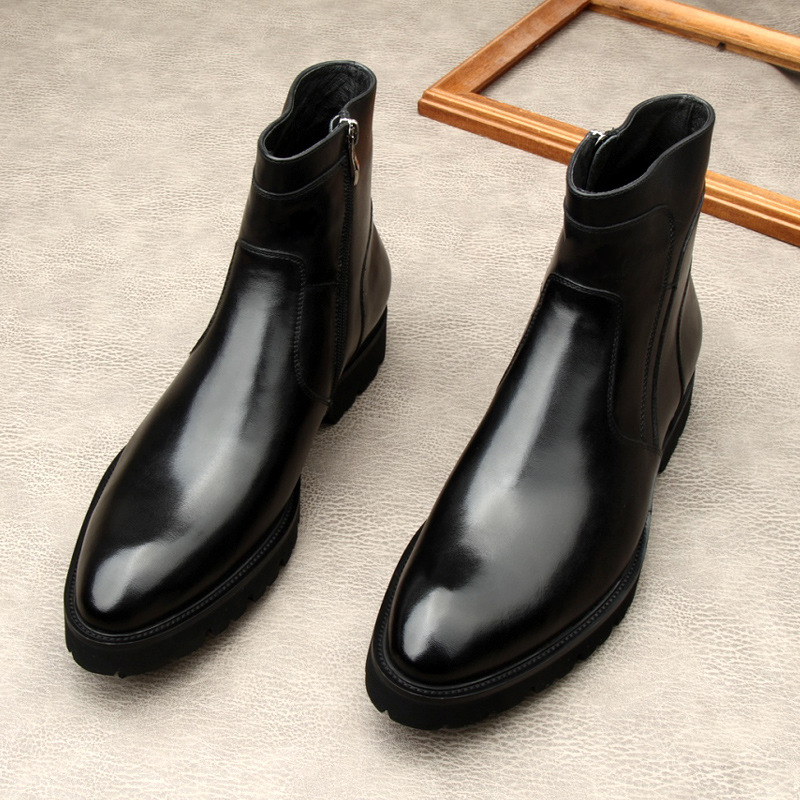 Men Glossy Genuine Leather Chelsea Ankle Boots Side Zipper Pointed Toe Thick Platform Sole Formal Business Dress Boots Male Wedding Party Leather Boot
