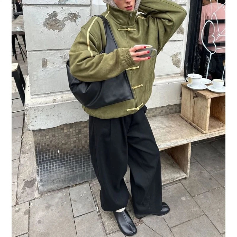 Womens Chinese Frog Buttondown Loose Fit Jacket Y2k Vintage Zip Up Sweatshirt Funnel Neck Bomber Preppy Streetwear 260723 - view 6