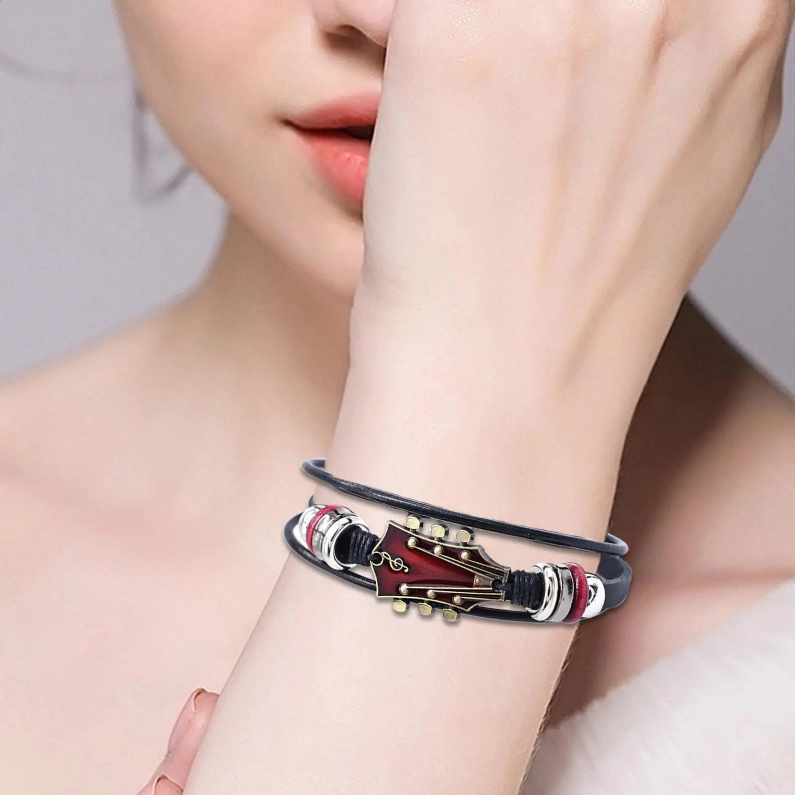 Retro Faux Leather Guitar Bracelet Punk Rock Music Guitar Genuine Leather Bracelet Handmade Braided Multi-Layer Wrap Bracelet 260623 - view 3