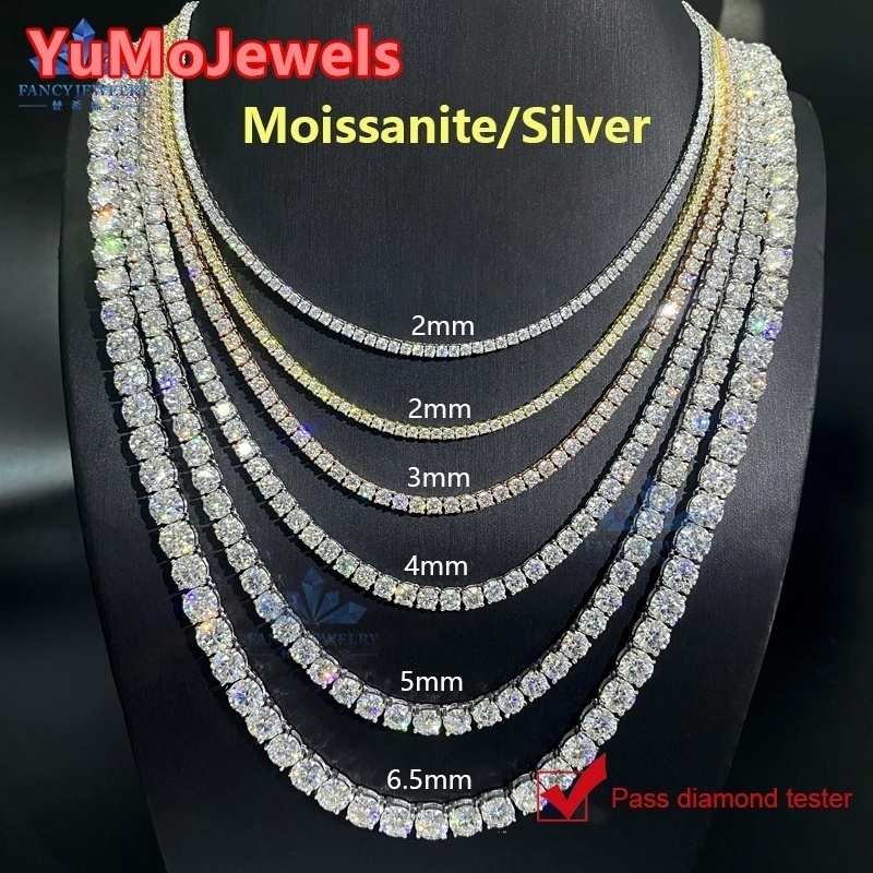 2MM 3MM 4MM 5MM 65MM 10MM Moissanite Tennis Chain Hip Hop Iced Out D Color VVS 925 Sterling Silver Mossanite Tennis Necklace