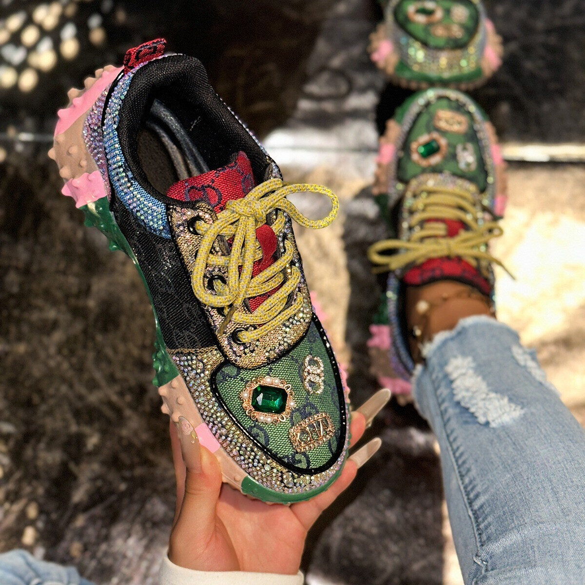 Hot selling Letter rhinestones Fashion Sports Durian Matcake sole Mesh Single Shoes Women's ddmythur