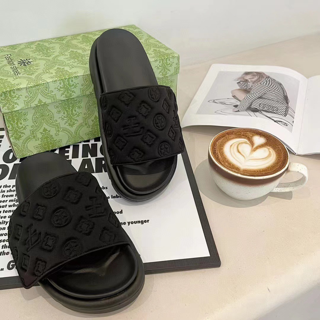 Designer Slippers 2026 Summer New Women's Platform Slide Sandals, Hook And Loop Strap Chunky Wedge Sole Embossed Pattern Versatile One-Strap Outd - view 3