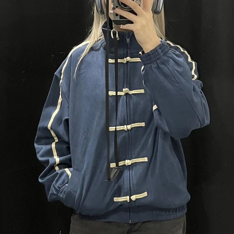 Womens Chinese Frog Buttondown Loose Fit Jacket Y2k Vintage Zip Up Sweatshirt Funnel Neck Bomber Preppy Streetwear 260723 - view 4