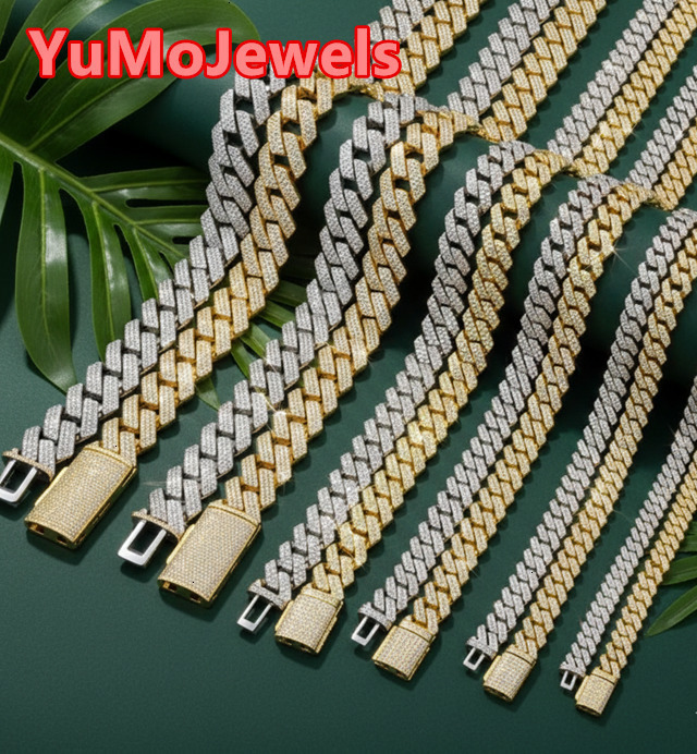 Wholesale 12mm Iced Vintage Cuban Link Chain Shiny Moissanite Hip Hop Necklace Silver Gold Plated Prong Unisex Party IGI