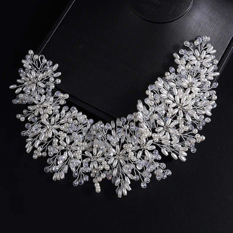 Trendy Pearl Crystal Rhinestone Flower Bridal Headband Wedding Hair Accessories for Women Headdress Party Prom Headpiece Tiaras 260627BJ - view 4
