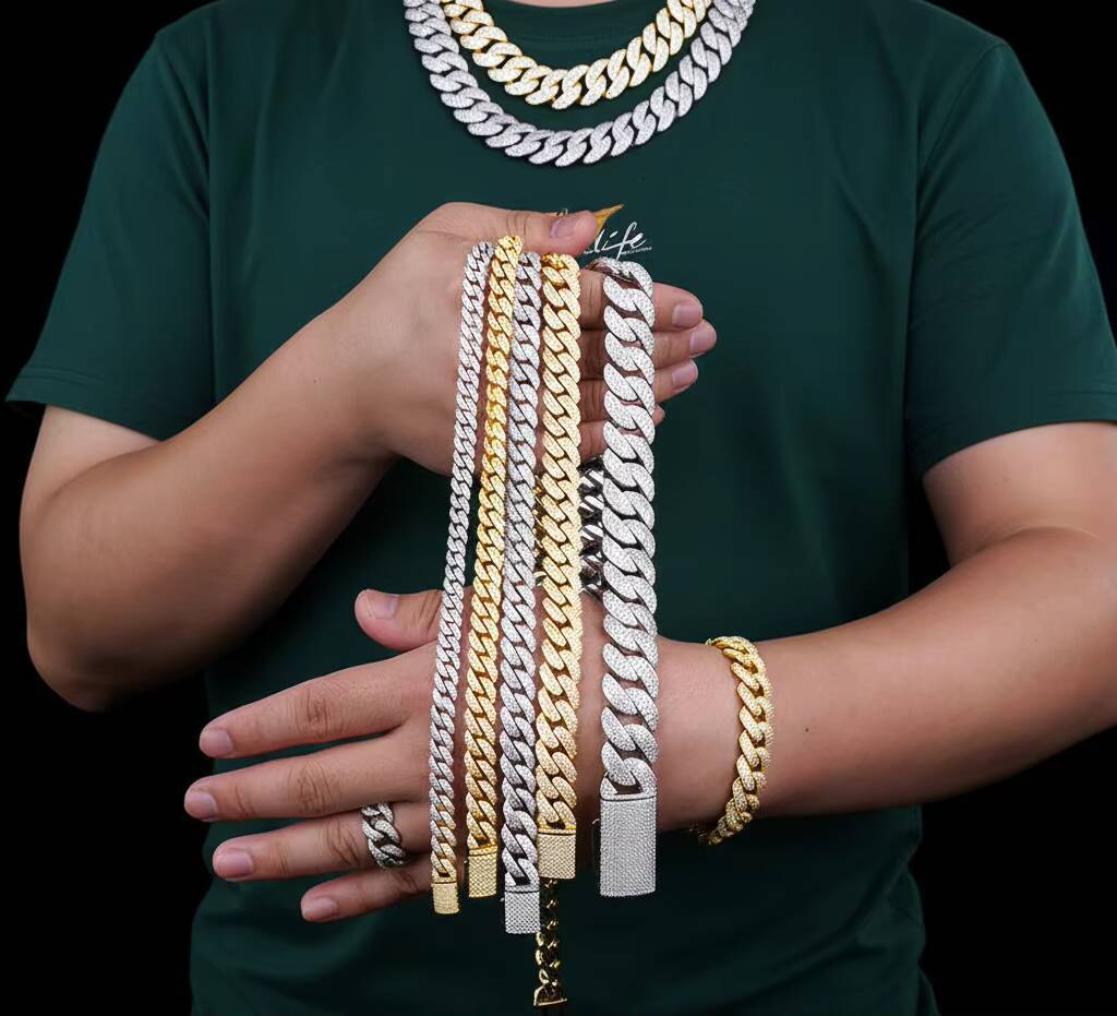 Wholesale 12mm Iced Vintage Cuban Link Chain Shiny Moissanite Hip Hop Necklace Silver Gold Plated Prong Unisex Party IGI - view 6