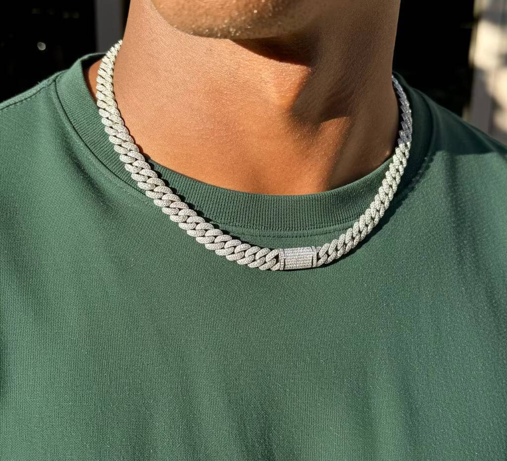 Wholesale 12mm Iced Vintage Cuban Link Chain Shiny Moissanite Hip Hop Necklace Silver Gold Plated Prong Unisex Party IGI - view 3