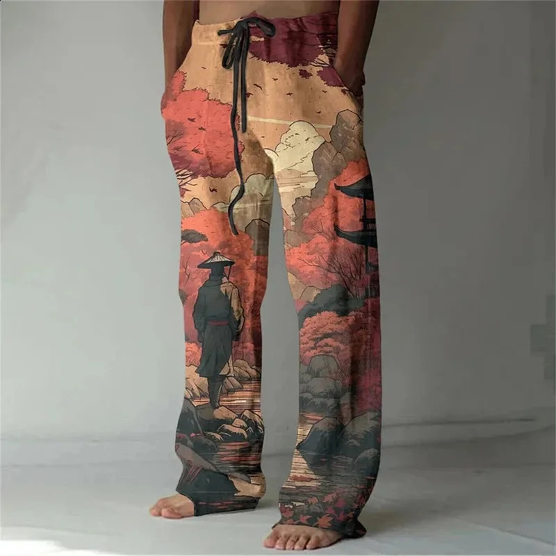 Mens Linen Blended Casual Pants With Bamboo 3D printing Fashionable mens Loose Pocket Drawstring Sports 260617