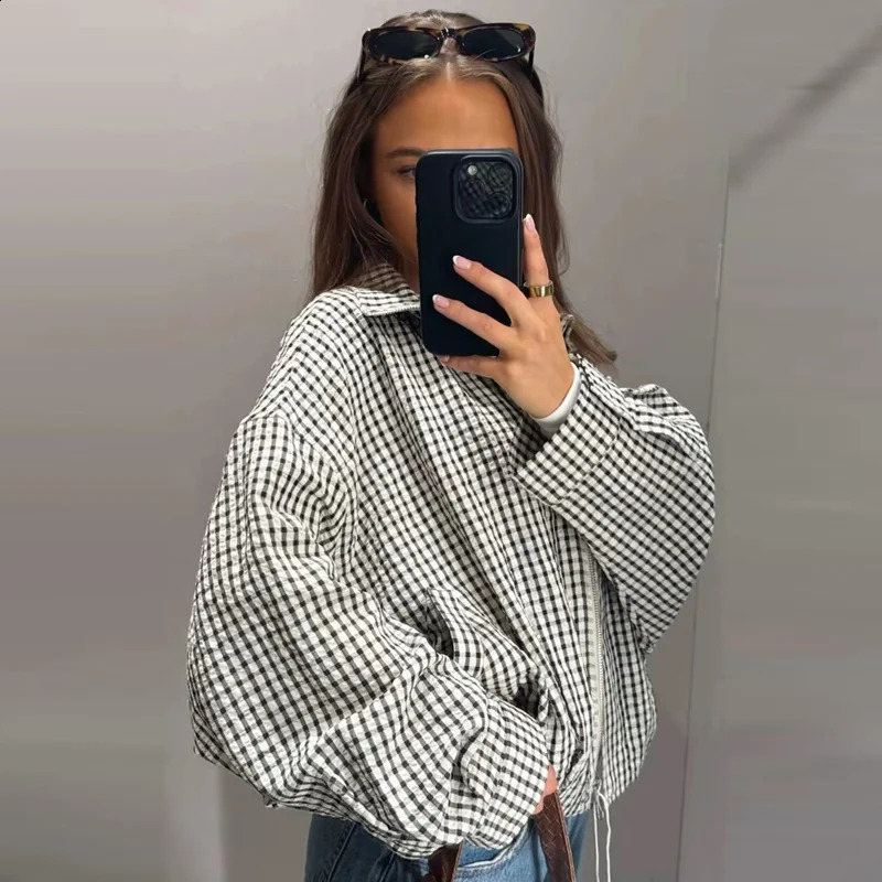 HXAO Plaid Bomber Jacket Womens Jacket Spring Autumn 2026 Crop Oversized Long Sleeve Top Casual Zipper Outerwears Outdoor Coats 260627 - view 7