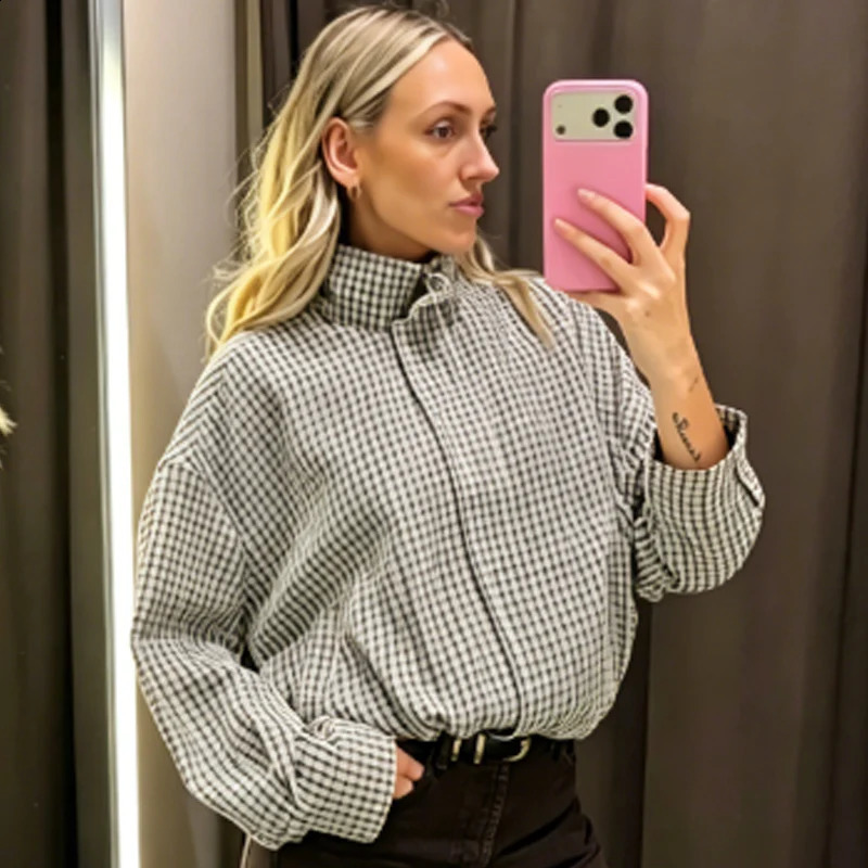 HXAO Plaid Bomber Jacket Womens Jacket Spring Autumn 2026 Crop Oversized Long Sleeve Top Casual Zipper Outerwears Outdoor Coats 260627 - view 5