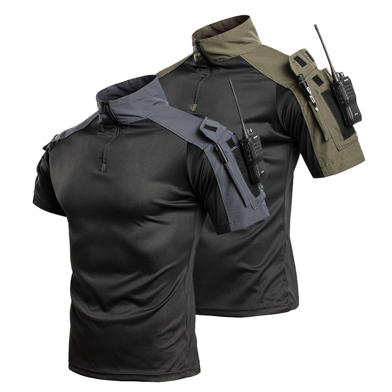 Men's Tactical Combat Shirt Short Sleeve 1/4 Zip Breathable Quick Dry Camo for Airsoft Paintball Training Outdoor Hunting Hiking