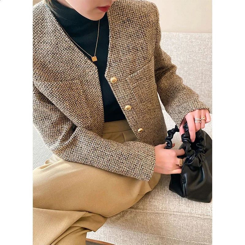 Vintage Cropped Tweed Jacket Women Elegant Short Blazer Autumn Korean Single-Breasted All Match Casual Chic Outerwear Tops 260625CJ - view 5