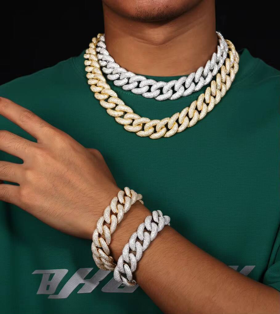 Wholesale 12mm Iced Vintage Cuban Link Chain Shiny Moissanite Hip Hop Necklace Silver Gold Plated Prong Unisex Party IGI - view 7