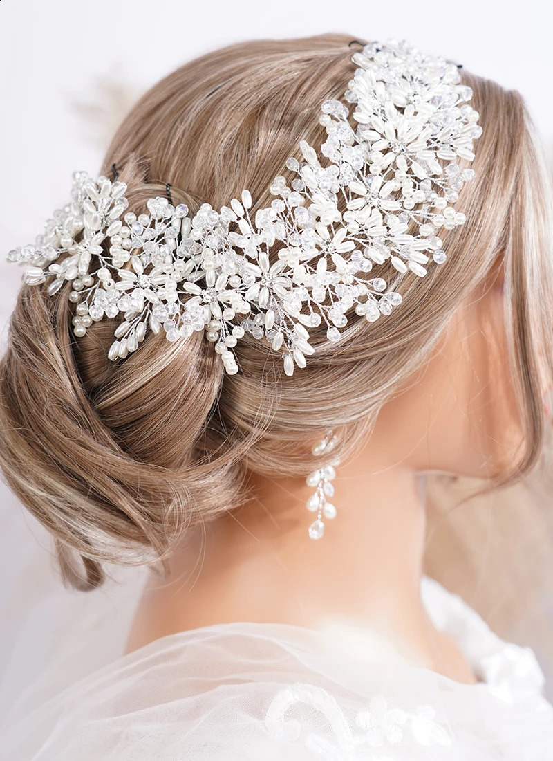Trendy Pearl Crystal Rhinestone Flower Bridal Headband Wedding Hair Accessories for Women Headdress Party Prom Headpiece Tiaras 260627BJ - view 3