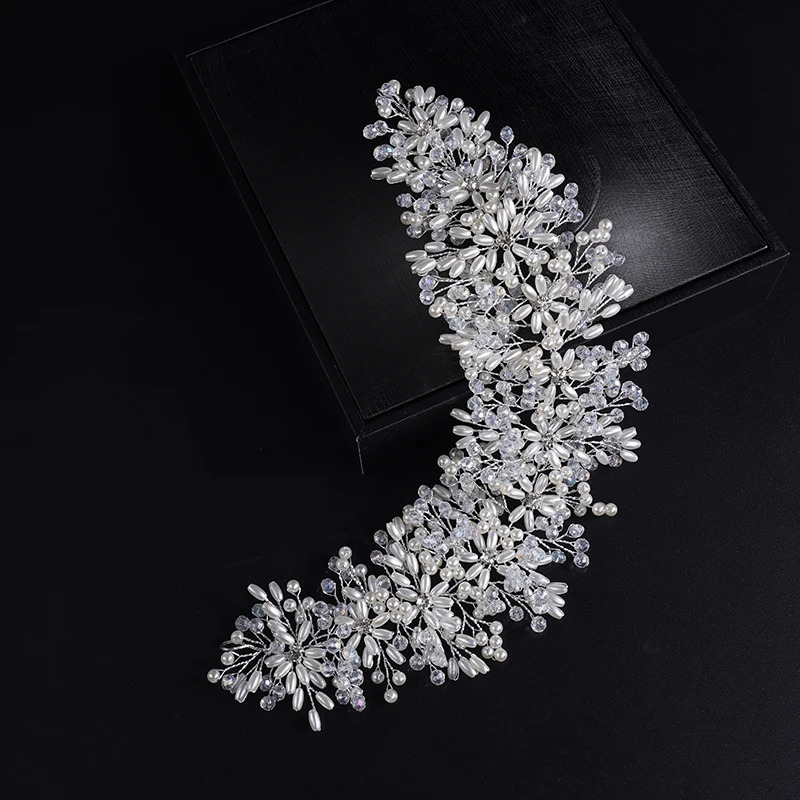 Trendy Pearl Crystal Rhinestone Flower Bridal Headband Wedding Hair Accessories for Women Headdress Party Prom Headpiece Tiaras 260627BJ - view 6