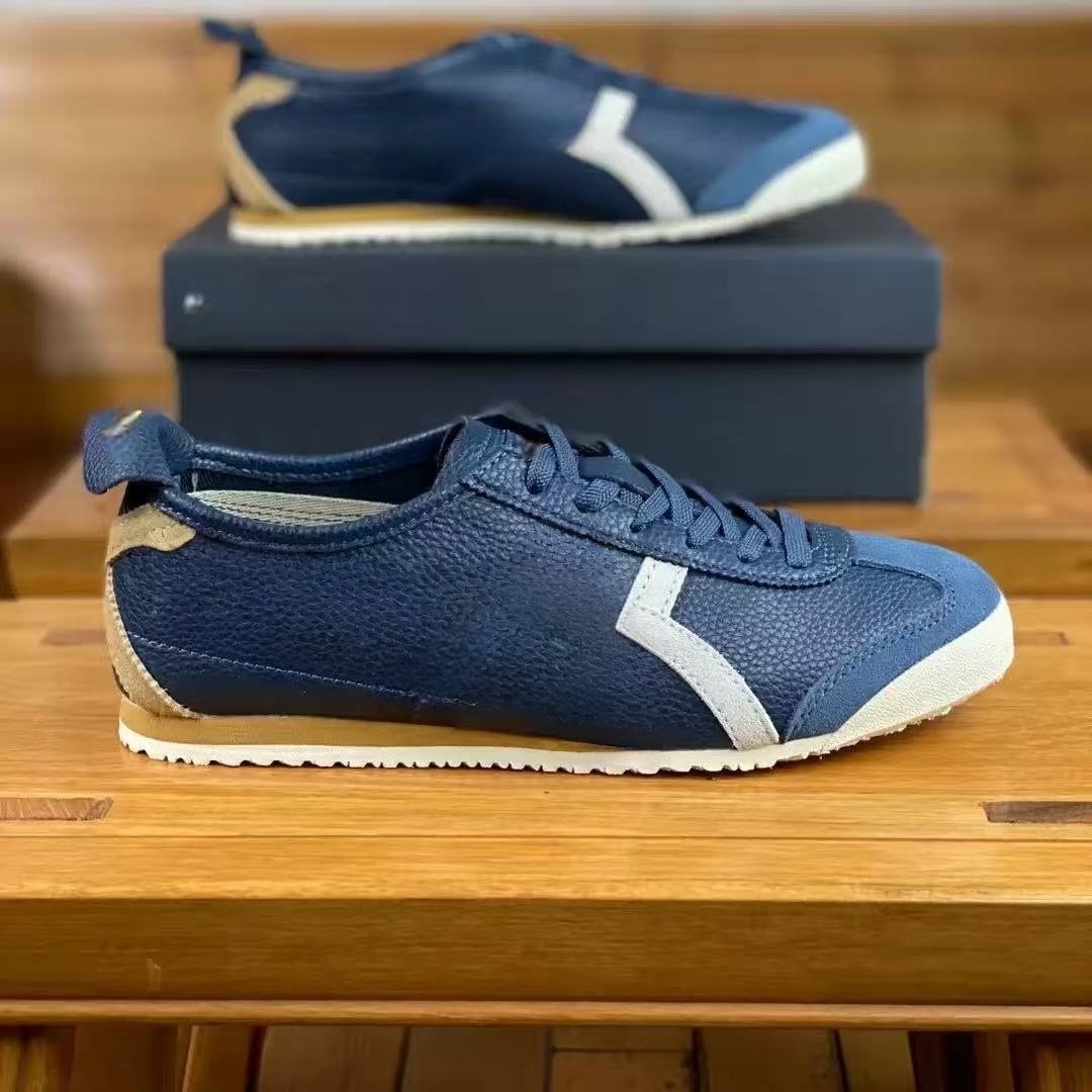 Retro striped leather sneakers unisex navy blue and white color block low cut flat shoes rubber sole lightweight daily walking casual sneakers