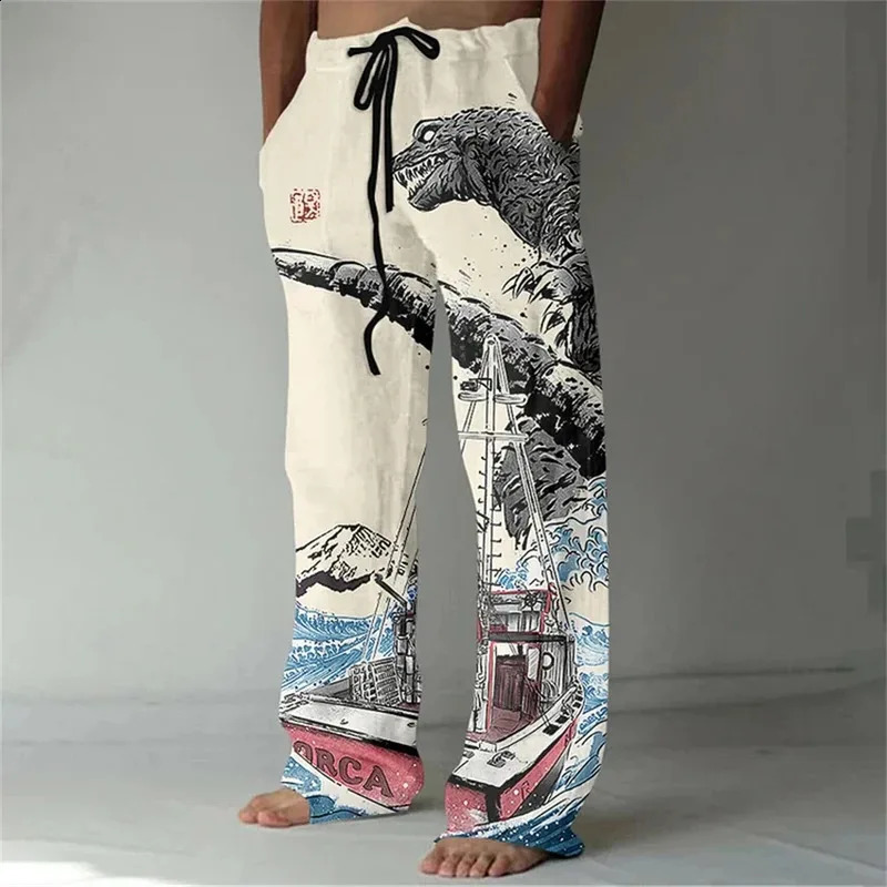 Mens Linen Blended Casual Pants With Bamboo 3D printing Fashionable mens Loose Pocket Drawstring Sports 260617 - view 4