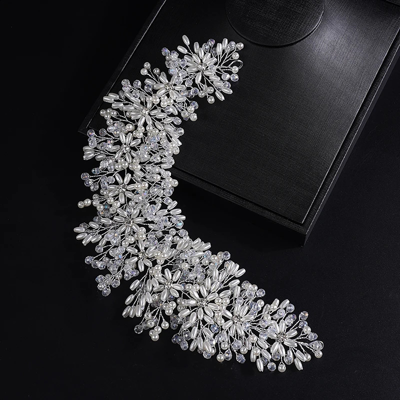 Trendy Pearl Crystal Rhinestone Flower Bridal Headband Wedding Hair Accessories for Women Headdress Party Prom Headpiece Tiaras 260627BJ - view 7