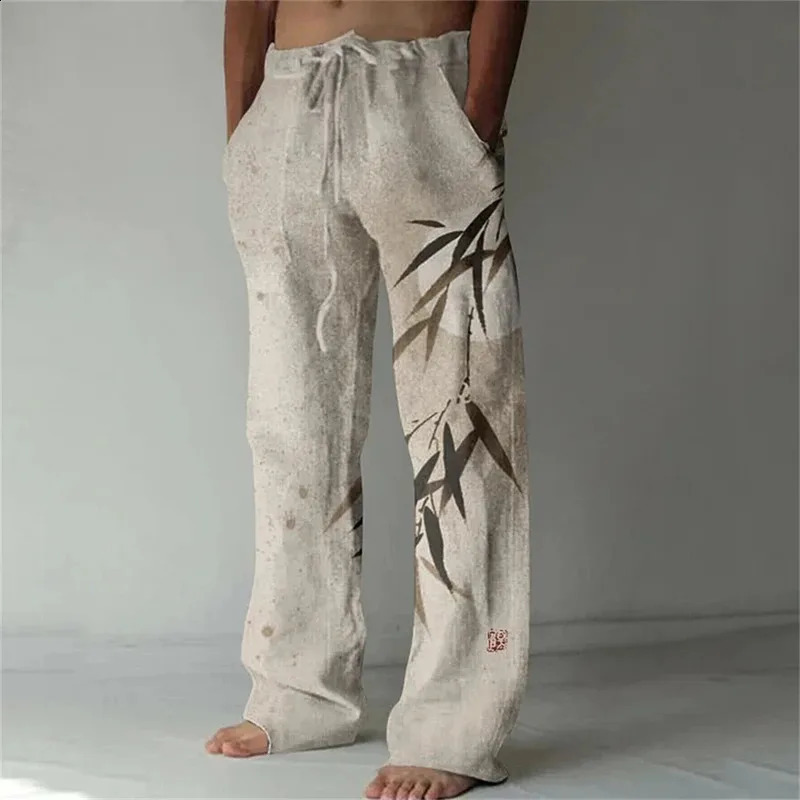 Mens Linen Blended Casual Pants With Bamboo 3D printing Fashionable mens Loose Pocket Drawstring Sports 260617 - view 3