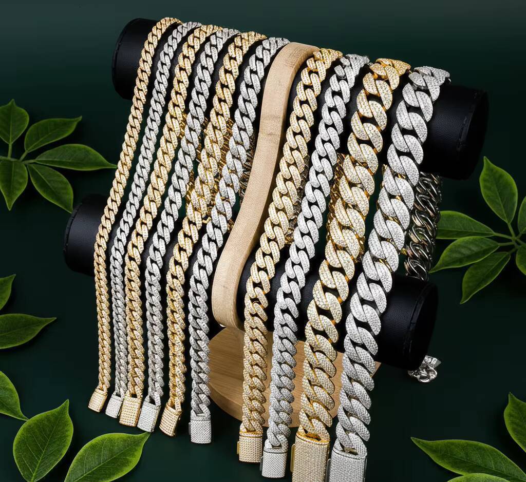 Wholesale 12mm Iced Vintage Cuban Link Chain Shiny Moissanite Hip Hop Necklace Silver Gold Plated Prong Unisex Party IGI - view 5