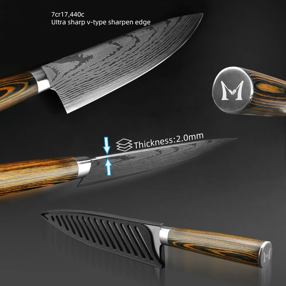Kitchen Knife Chef Knives Japanese 7CR17 440C High Carbon Stainless Steel Damascus Sanding Laser Knife 260626 - view 3