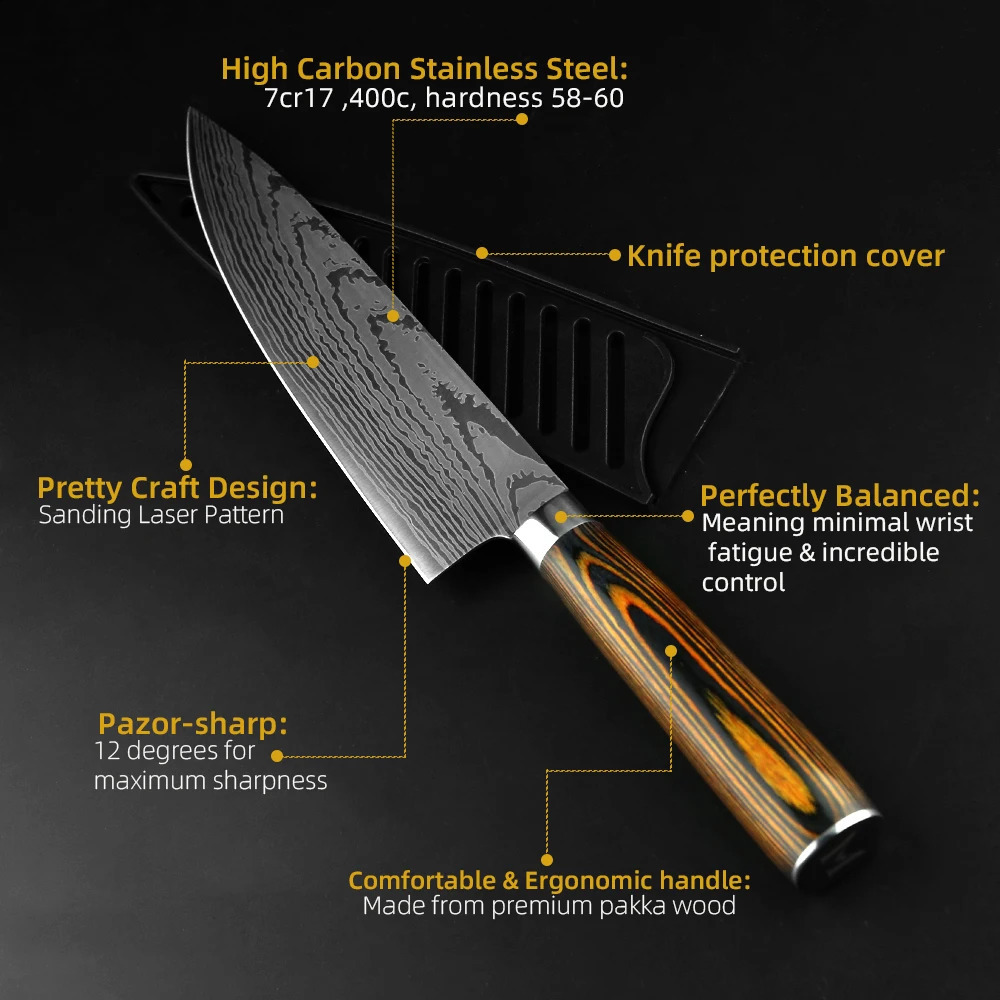 Kitchen Knife Chef Knives Japanese 7CR17 440C High Carbon Stainless Steel Damascus Sanding Laser Knife 260626 - view 4