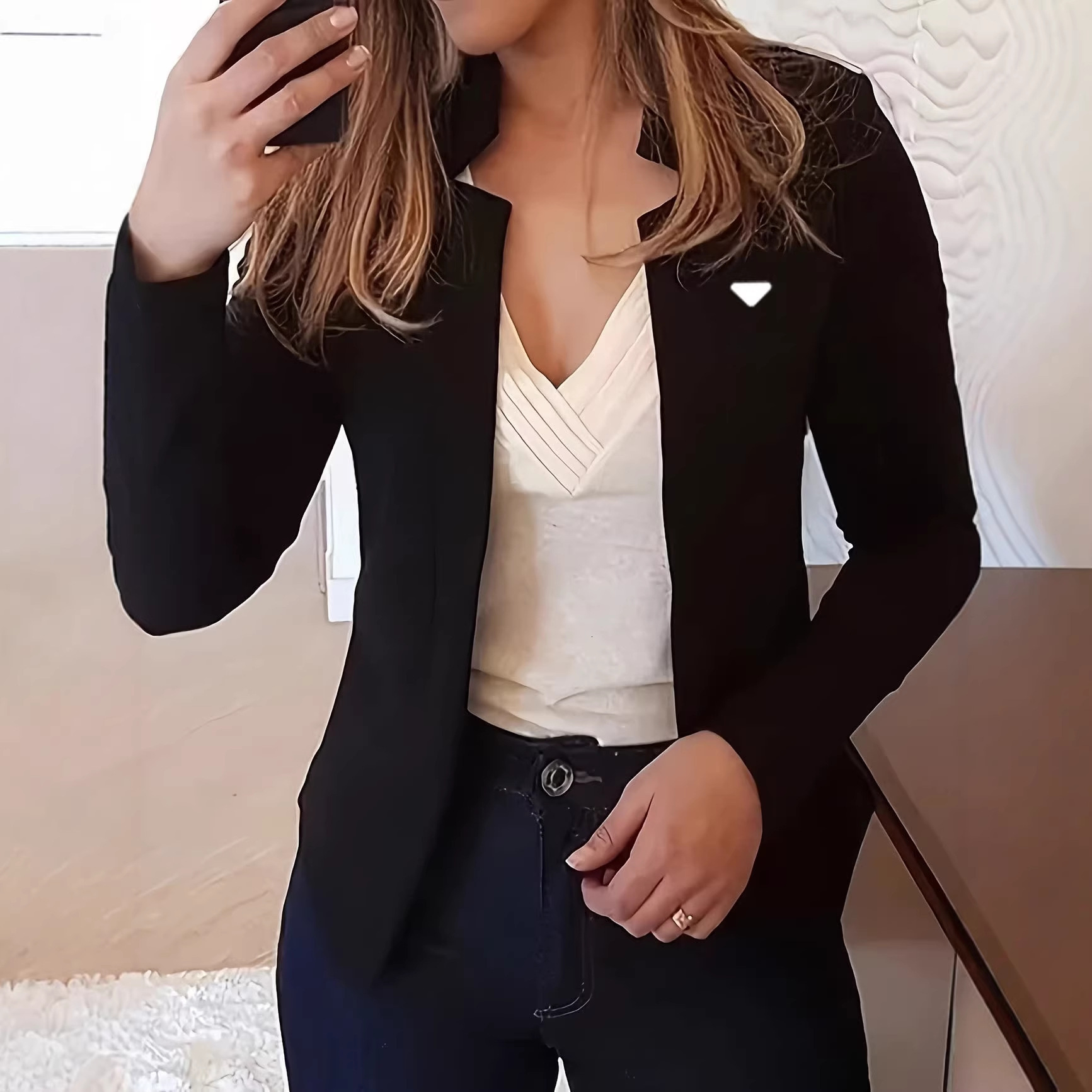 Women's Thin White Blazer Summer Autumn Slim Fit Long Sleeve Open Stitch Office Coat Tops Black Ladies Fashion Outwear Long-Sleeve Blazer Jacket - view 3