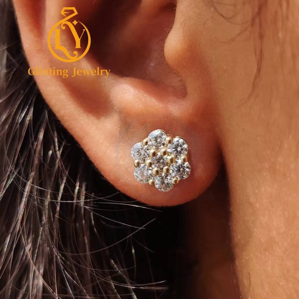 Iced Out Cluster Lab Grown Diamond Stud Earrings Round Brilliant Cut IGI Certified Unisex 10k 14k 18k Gold Screw Back - view 4