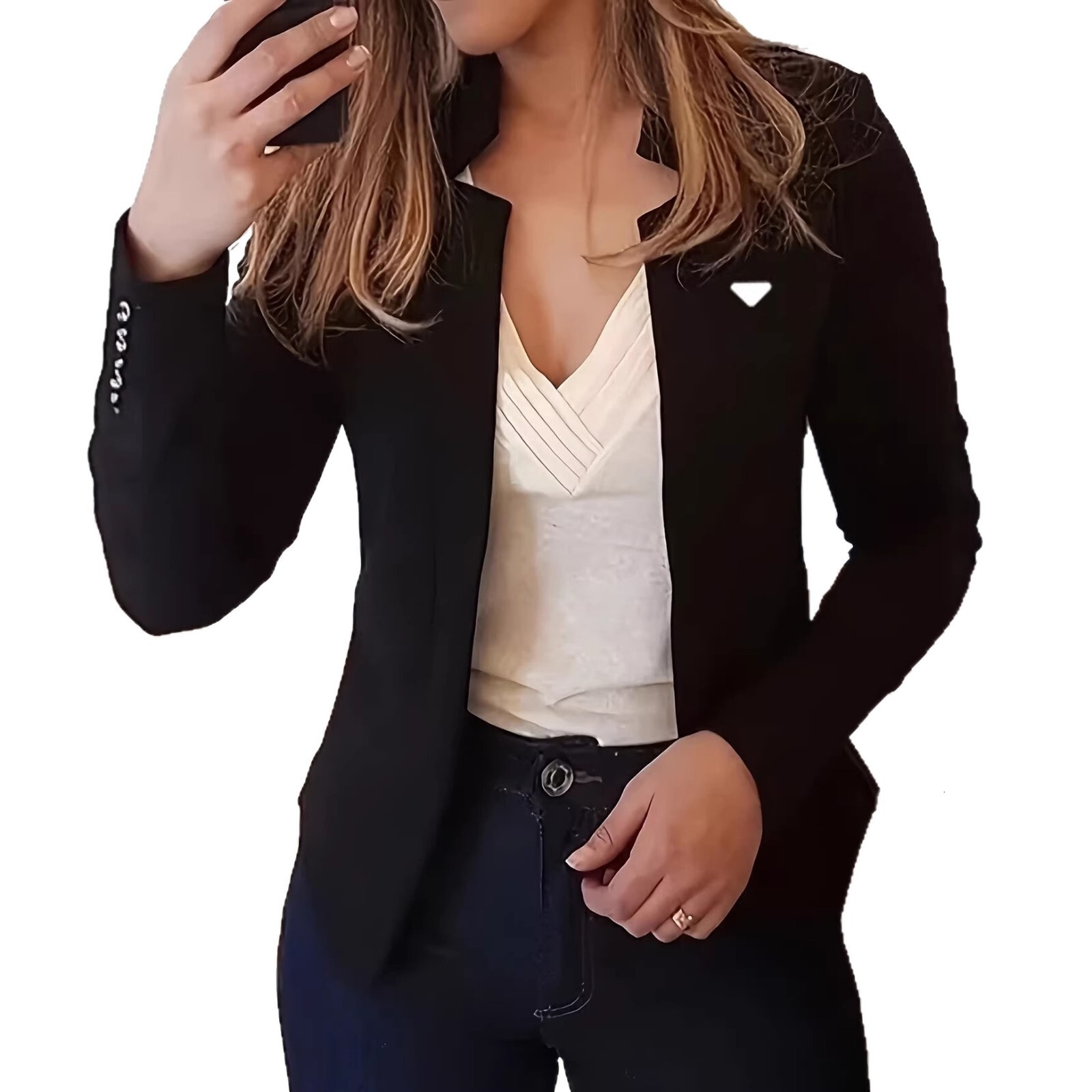 Women's Thin White Blazer Summer Autumn Slim Fit Long Sleeve Open Stitch Office Coat Tops Black Ladies Fashion Outwear Long-Sleeve Blazer Jacket - view 6