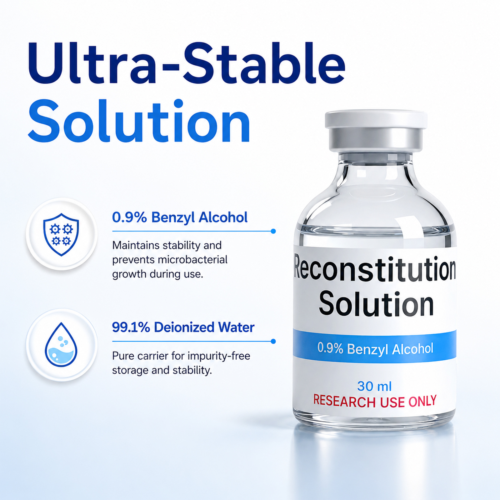 Reconstitution Solution 30mL Glass Vial, Deionized Water w/ BA, Sterile Water