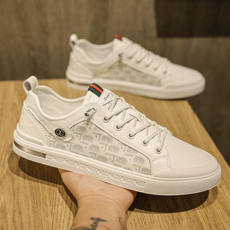 RNTseller New Men White Casual Skate Sneakers Mesh Breathable Board Shoes Spring Summer Trendy Teen Boys Lace-up Flat White Shoes