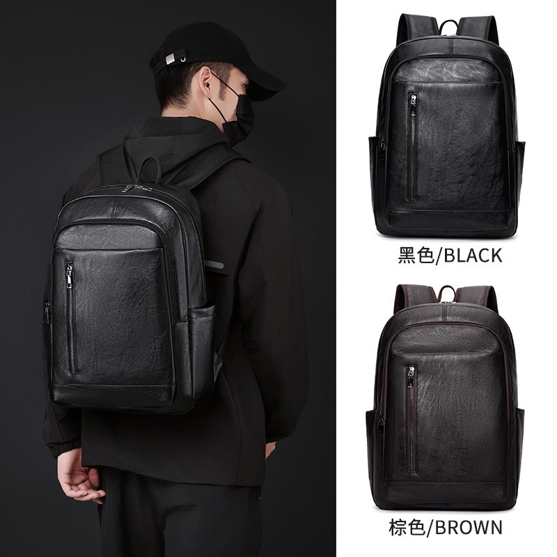 Men Business Backpack Large Capacity Laptop Backpack Waterproof Travel Bag Casual PU Leather School Bag College Student Daypack Minimalist Computer Ba