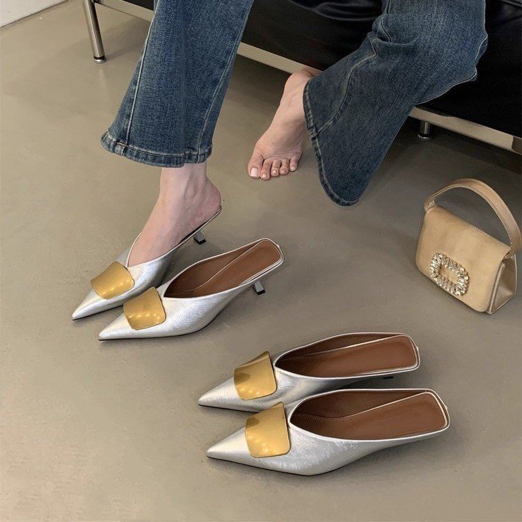 2026 Niche Designer Metal Buckle Mules Heels: Stylish Square Toe Slide Sandals for Women - view 4