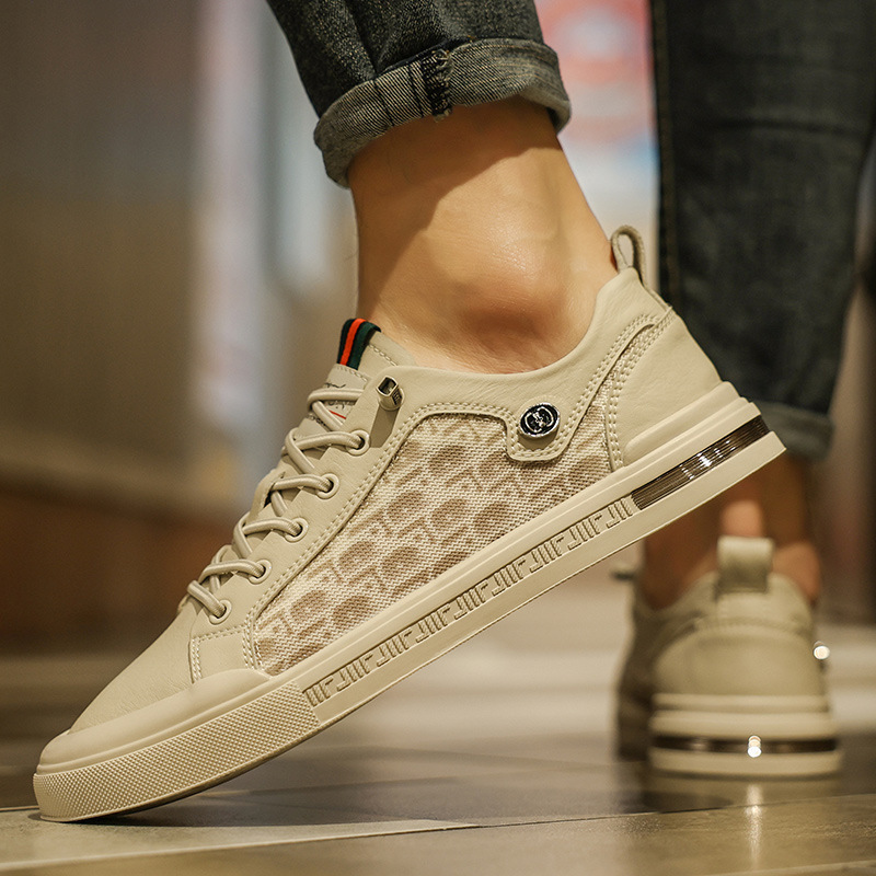RNTseller New Men White Casual Skate Sneakers Mesh Breathable Board Shoes Spring Summer Trendy Teen Boys Lace-up Flat White Shoes