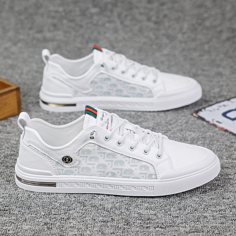 RNTseller New Men White Casual Skate Sneakers Mesh Breathable Board Shoes Spring Summer Trendy Teen Boys Lace-up Flat White Shoes